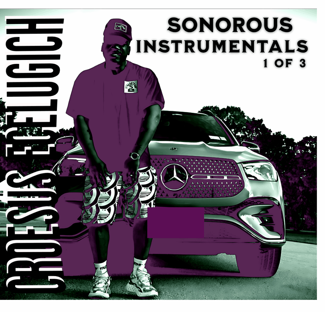 A stylized album cover featuring a man in purple with a car and bold text.