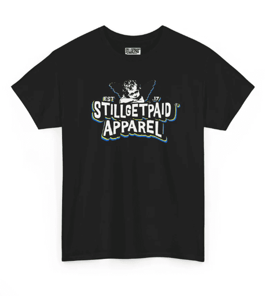 Black T-shirt with a stylish graphic and 'Stillgetpaid Apparel' text.