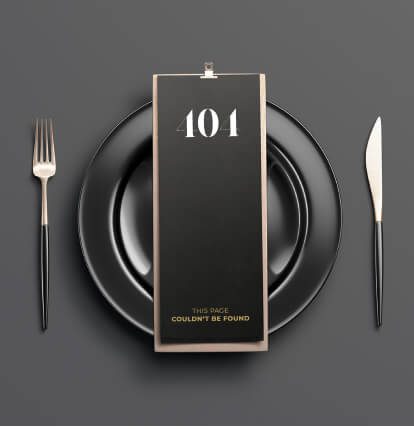 404 menu card on black plate with cutlery